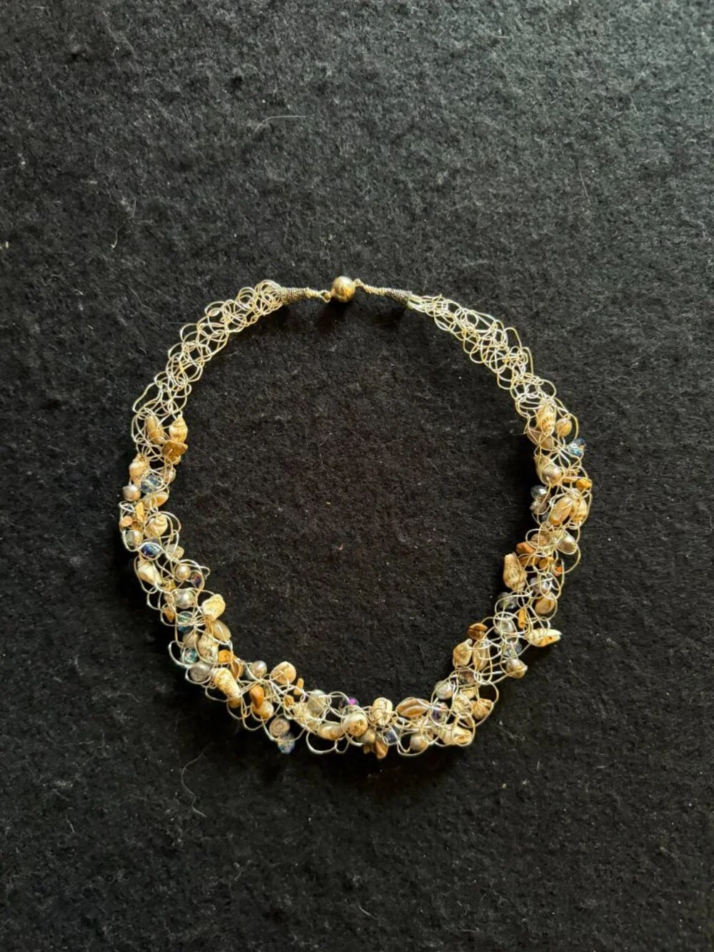 Wire-Woven SilverTone Necklace w/Seashells, Pearls, Faceted Crystal, Stone Chips